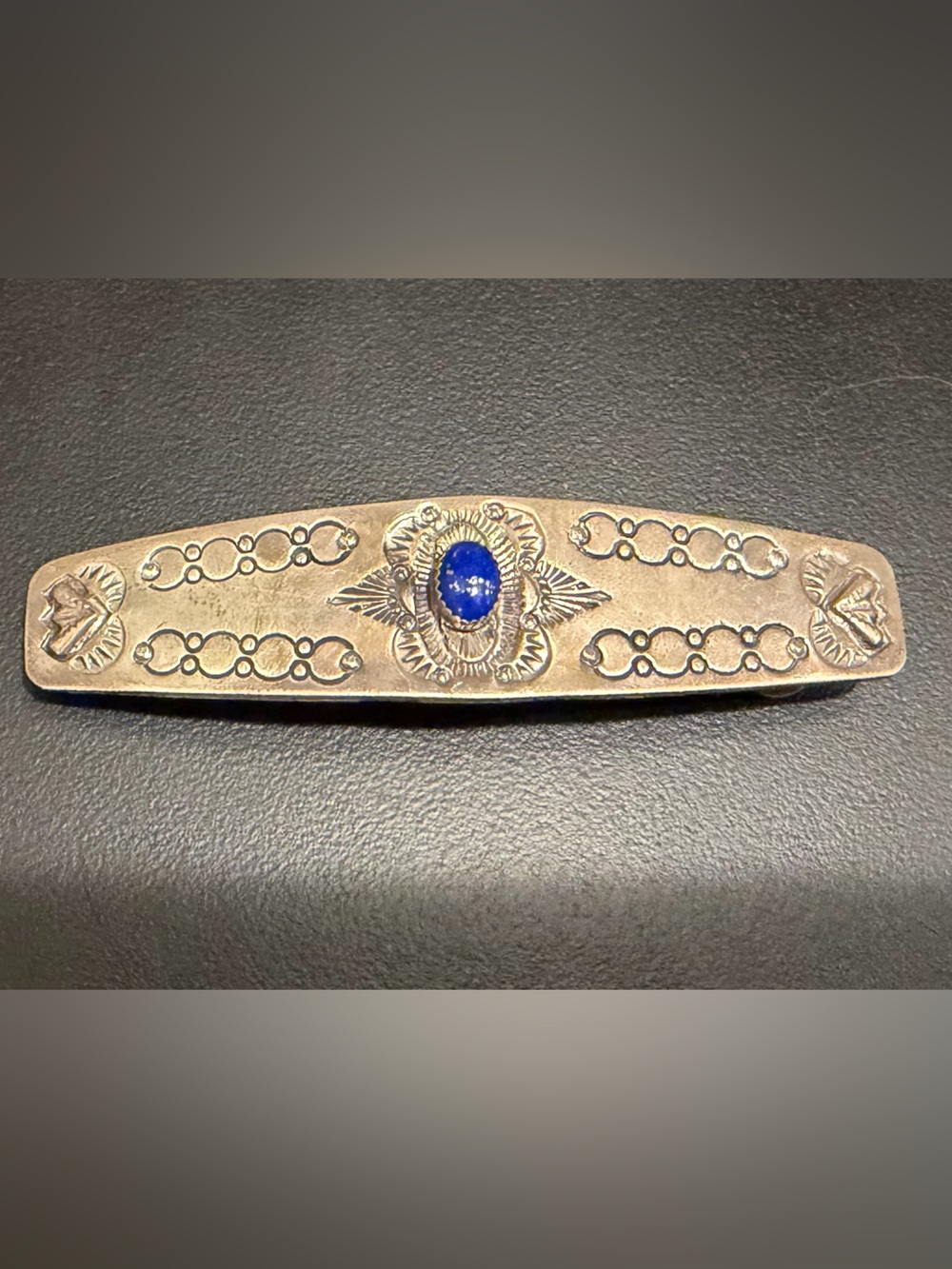 Vintage Navajo Sterling Silver & Lapis Barrette — signed BJ, maker under researc